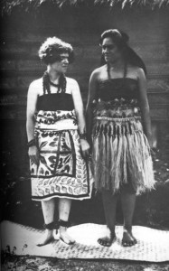 Photo from Blackberry Winter: My Earlier Years with the caption "In Vaitogi: in Samoan dress, with Fa'amotu."